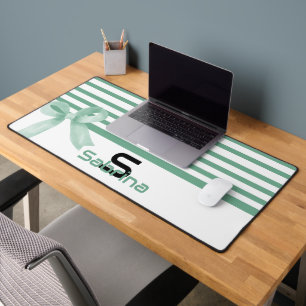 Cute Watercolor Mint Bow Stripes Desk Mat