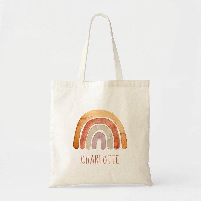 Cute Watercolor Modern Boho Rainbow Name  Tote Bag (Front)