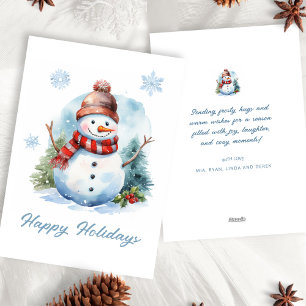 Cute Watercolor Modern Red Blue White Snowman Holiday Card