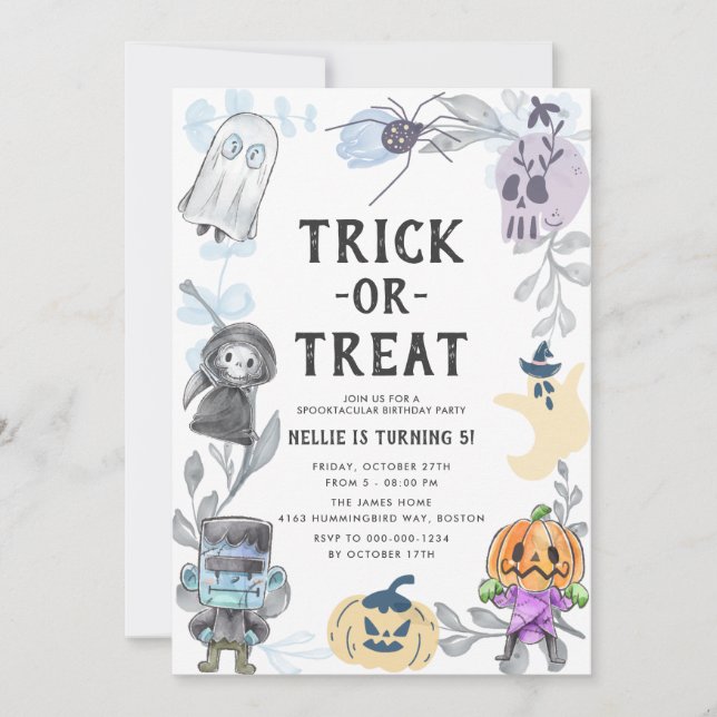 Cute Watercolor Monsters Halloween Birthday Party Invitation (Front)