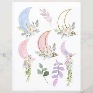 Cute Watercolor Moon & Floral Cutouts for Journal