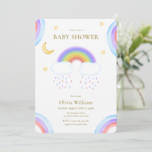 Cute Watercolor Moon Star Rainbow Baby Shower Invitation