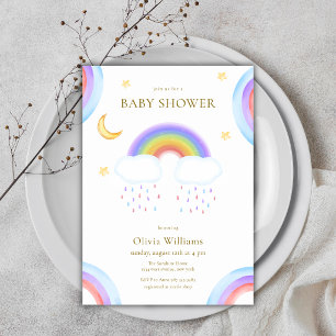 Cute Watercolor Moon Star Rainbow Baby Shower Invitation