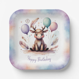 Cute Watercolor Moose with Balloons Birthday Paper Plate