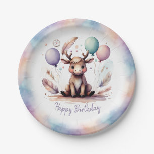 Cute Watercolor Moose with Balloons Birthday Paper Plate