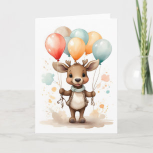 Cute Watercolor Moose Yellow Green Balloons Blank Card