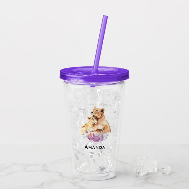 Cute Watercolor Mother Lion & Cub Acrylic Tumbler (Back Ice)