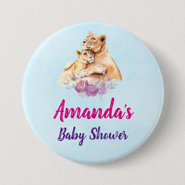 Cute Watercolor Mother Lion & Cub Baby Shower 7.5 Cm Round Badge (Front)