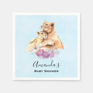 Cute Watercolor Mother Lion & Cub Baby Shower Napkin
