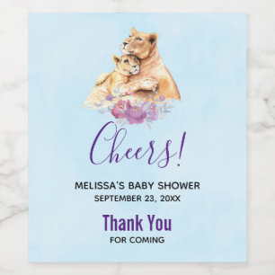 Cute Watercolor Mother Lion & Cub Baby Shower Wine Label