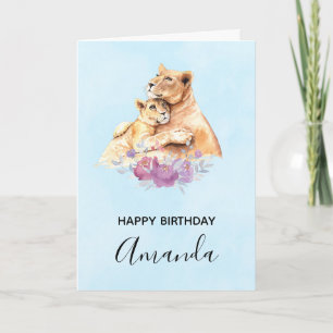 Cute Watercolor Mother Lion & Cub Birthday Card