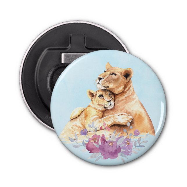 Cute Watercolor Mother Lion & Cub Bottle Opener (Front)
