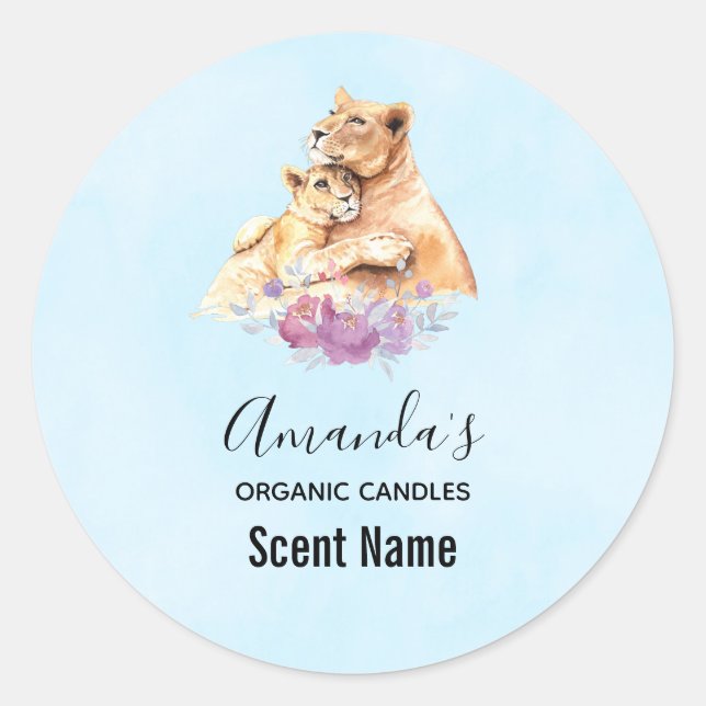 Cute Watercolor Mother Lion & Cub Candle Classic Round Sticker (Front)