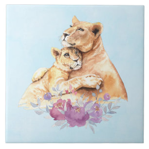 Cute Watercolor Mother Lion & Cub Ceramic Tile