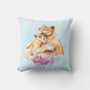 Cute Watercolor Mother Lion & Cub Cushion