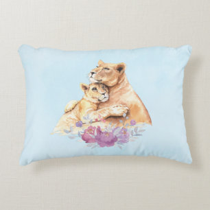 Cute Watercolor Mother Lion & Cub Decorative Cushion