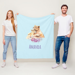 Cute Watercolor Mother Lion & Cub Fleece Blanket