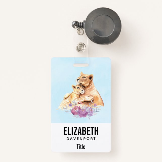 Cute Watercolor Mother Lion & Cub ID Badge (Front with Retractable)