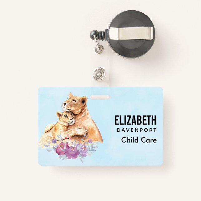 Cute Watercolor Mother Lion & Cub ID Badge (Back with Retractable)