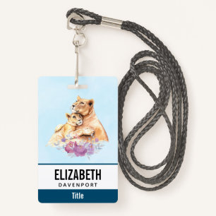 Cute Watercolor Mother Lion & Cub ID Badge