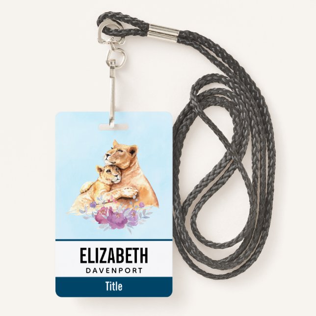 Cute Watercolor Mother Lion & Cub ID Badge (Front with Lanyard)