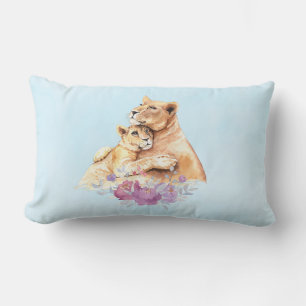Cute Watercolor Mother Lion & Cub Lumbar Cushion