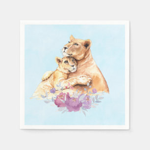 Cute Watercolor Mother Lion & Cub Napkin