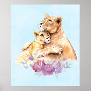 Cute Watercolor Mother Lion & Cub Poster