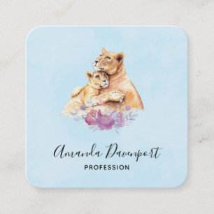 Cute Watercolor Mother Lion & Cub Square Business Card