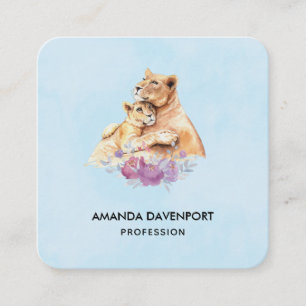 Cute Watercolor Mother Lion & Cub Square Business Card