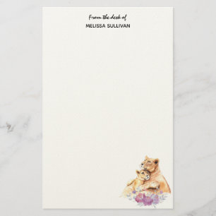 Cute Watercolor Mother Lion & Cub Stationery