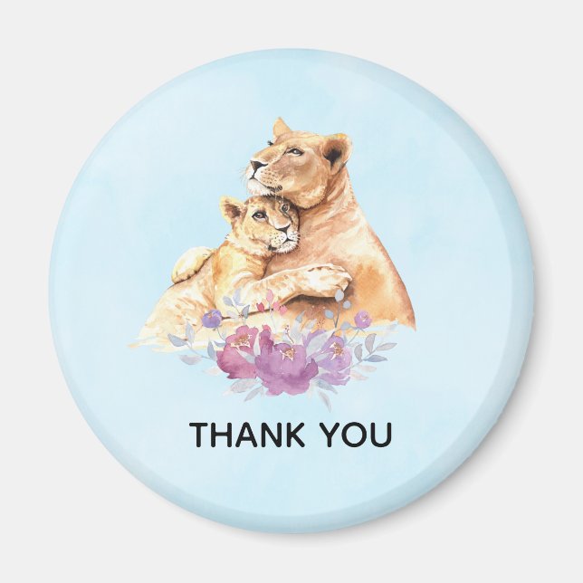Cute Watercolor Mother Lion & Cub Thank You Magnet (Front)