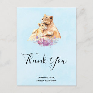 Cute Watercolor Mother Lion & Cub Thank You Postcard
