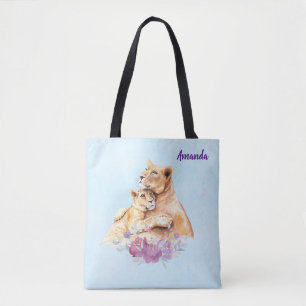 Cute Watercolor Mother Lion & Cub Tote Bag