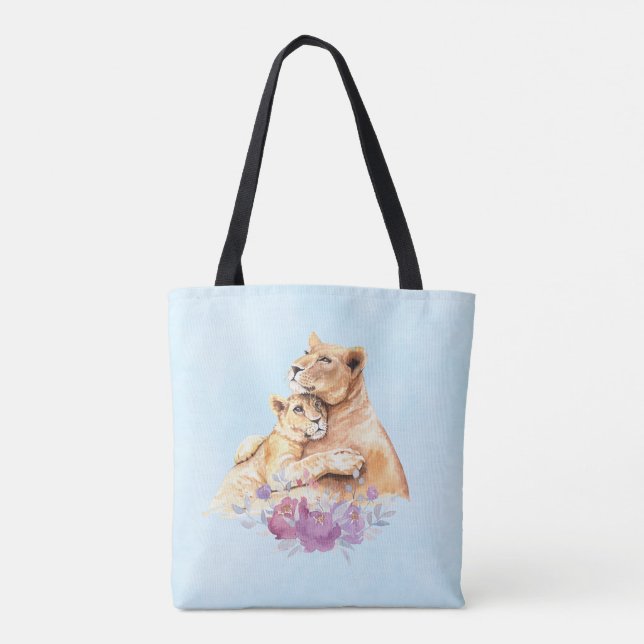 Cute Watercolor Mother Lion & Cub Tote Bag (Back)
