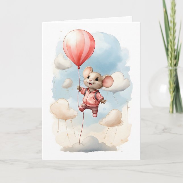 Cute Watercolor Mouse Floating in the Air Blank Card (Front)