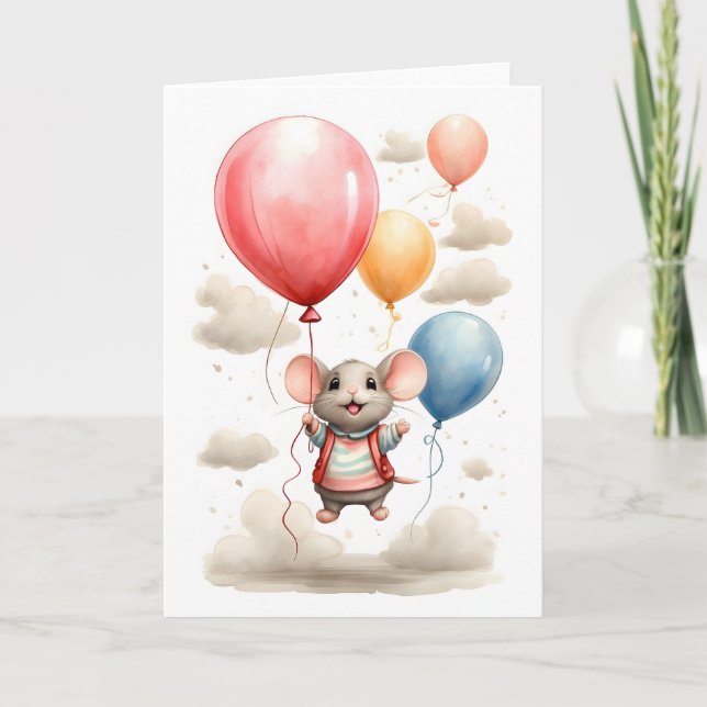 Cute Watercolor Mouse Floating with Balloons Blank Card (Front)