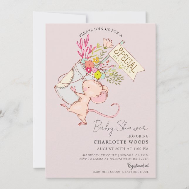 Cute Watercolor Mouse Girl Pink Baby Shower  Invitation (Front)