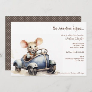 Cute Watercolor Mouse in Blue Car Baby Shower Invitation