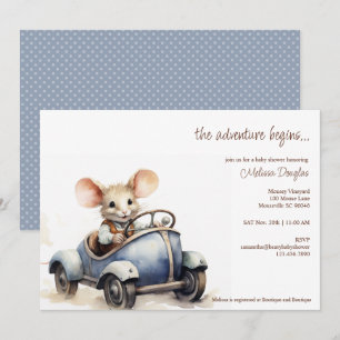 Cute Watercolor Mouse in Blue Car Baby Shower Invitation
