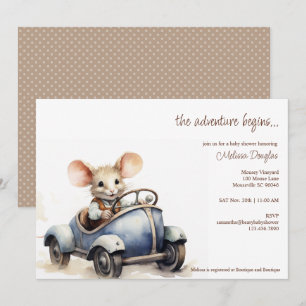 Cute Watercolor Mouse in Blue Car Baby Shower Invitation
