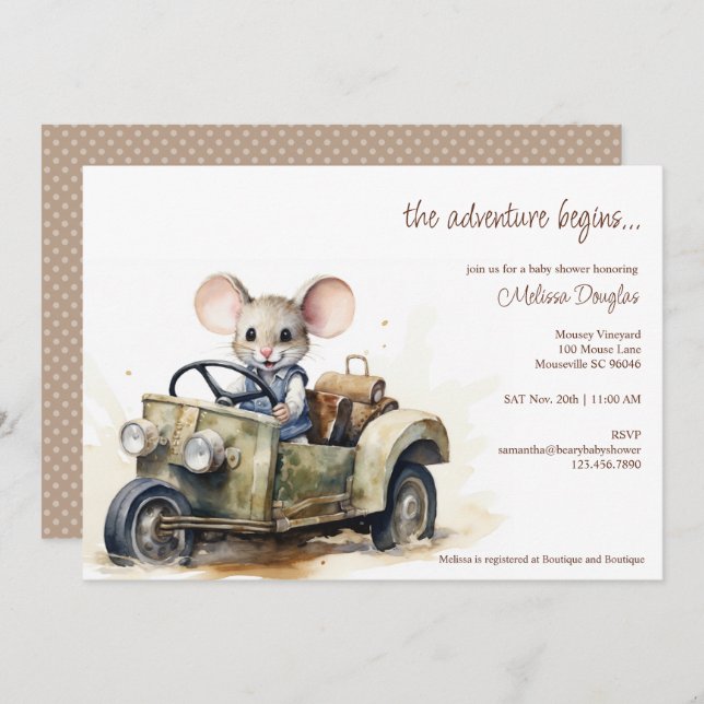 Cute Watercolor Mouse in Green Car Baby Shower Invitation (Front/Back)