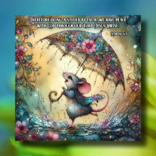 Cute Watercolor Mouse Rain Umbrella Easter Holiday Card