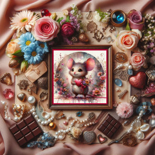 Cute Watercolor Mouse Red Heart Floral Valentine Holiday Card