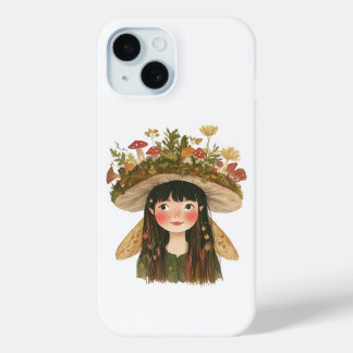 Cute Watercolor Mushroom Girl Fairy Pinback Button iPhone 15 Case