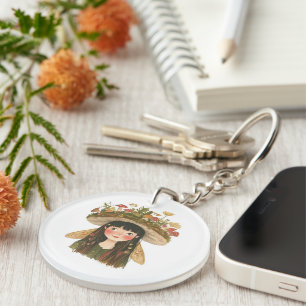 Cute Watercolor Mushroom Girl Fairy Pinback Button Key Ring