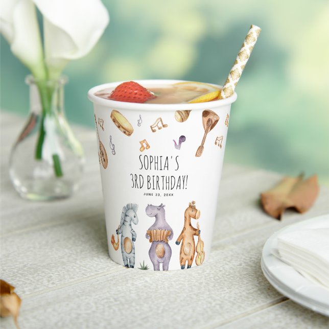 Cute Watercolor Musical African Animals Birthday Paper Cups (Insitu)
