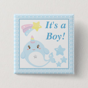 Cute Watercolor Narwhal Baby Shower It's a boy 15 Cm Square Badge