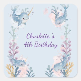 Cute Watercolor Narwhal Whale fish Seamless Sea  Square Sticker