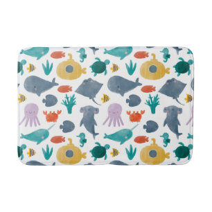 Cute Watercolor Ocean Animals Pattern Bath Mat